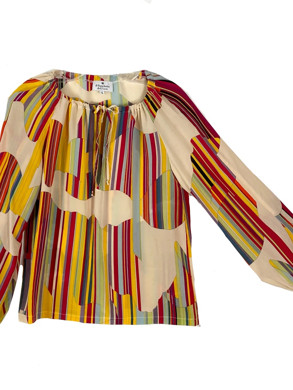 Vintage Il Banchetto Del Forte Top S ITALY Silk Geo-Print Balloon-Long-Slv Multi